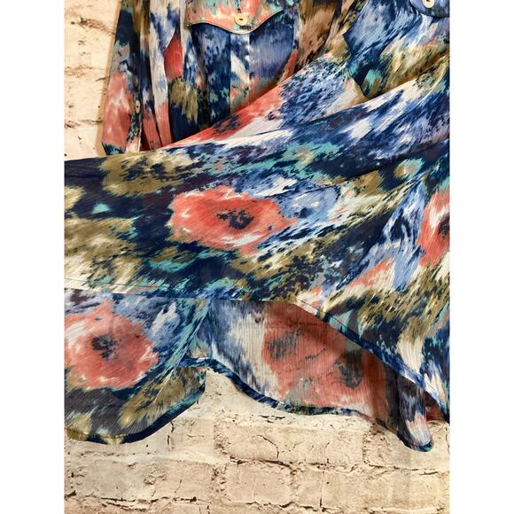 CJ Banks Top Womens 1X Watercolor Art To Wear Button Up Semi Sheer Artsy Flowy - Picture 14 of 14